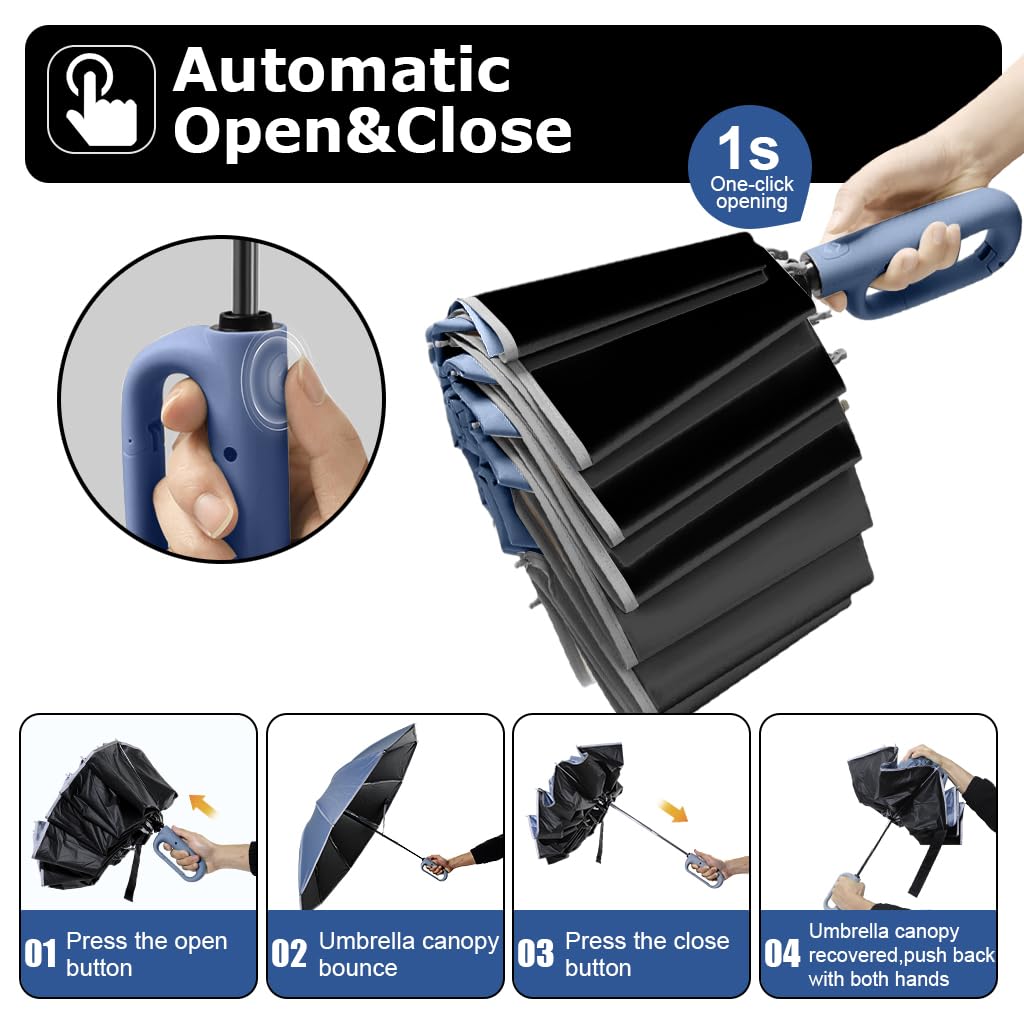 PALAY Large Umbrella for Men Women with Reflective Strap, 50'' Automatic Open/Close Windproof Travel Folding Umbrella, Reinforced 10 Dual Ribs, 99 UV Protection Umbrella with Carabiner Handle Design PALAY Large Umbrella for Men Women with Reflective Strap, 50'' Automatic Open/Close Windproof Travel Folding Umbrella, Reinforced 10 Dual Ribs, 99 UV Protection Umbrella with Carabiner Handle Design